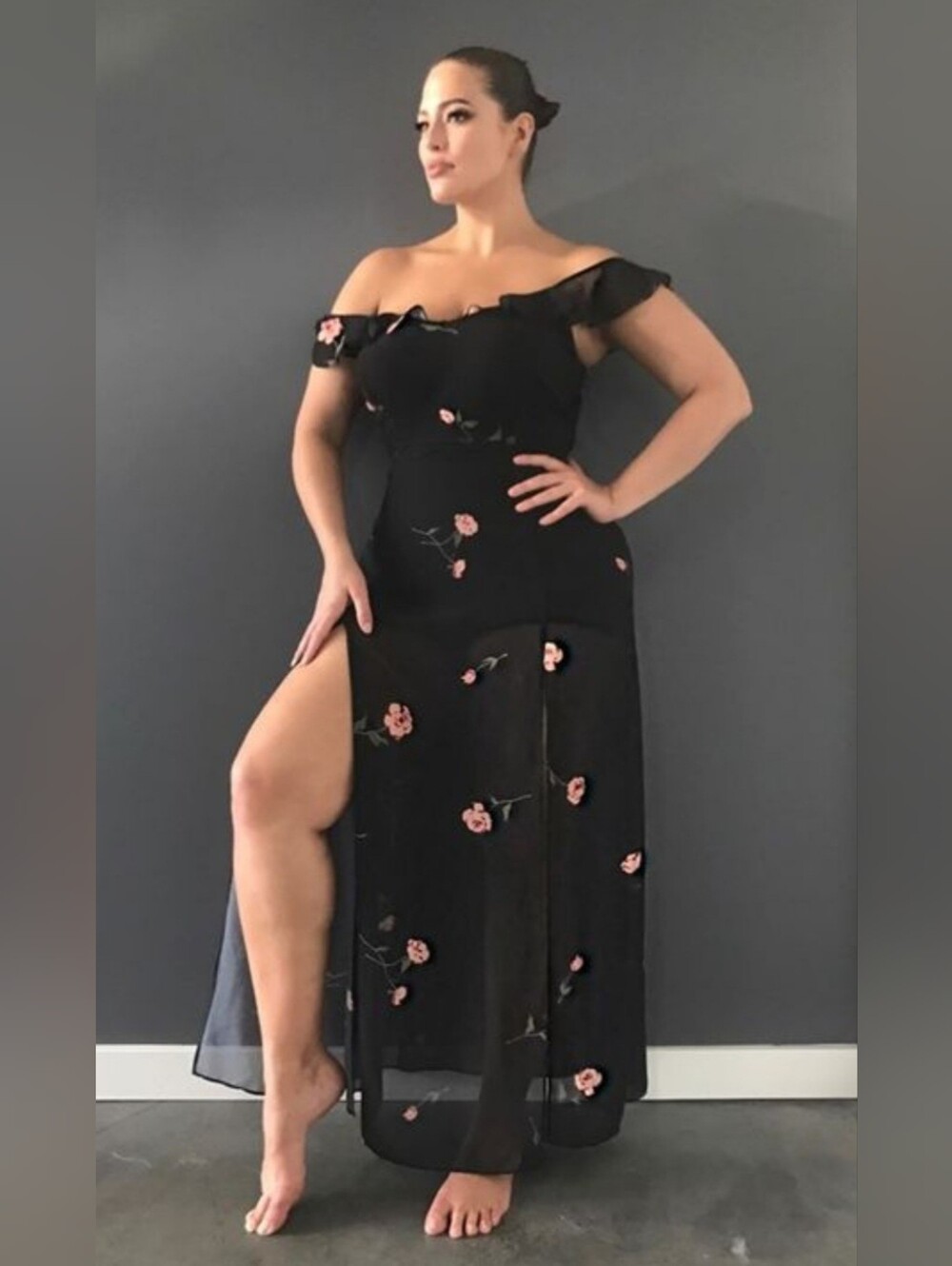 Ashley Graham Beyond Floral Sheer Ruffle Slit Belted Maxi Zip Dress